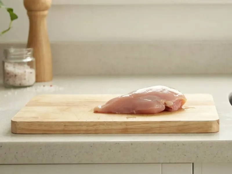 A raw chicken breast on a wooden cutting board on a kitchen counter, positioned close to a sink with the tap running.
