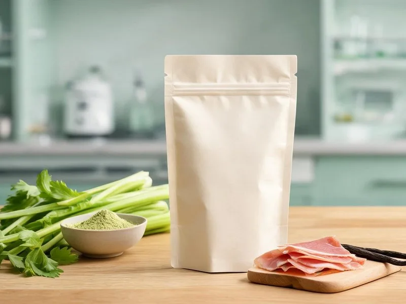 A plain, unbranded cream paper pouch on a wooden counter beside celery stalks, a bowl of celery powder, slices of cured ham and vanilla beans, with a softly blurred food lab behind.