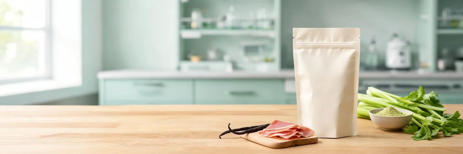 A plain, unbranded cream paper pouch on a wooden counter beside celery stalks, a bowl of celery powder, slices of cured ham and vanilla beans, with a softly blurred food lab behind.