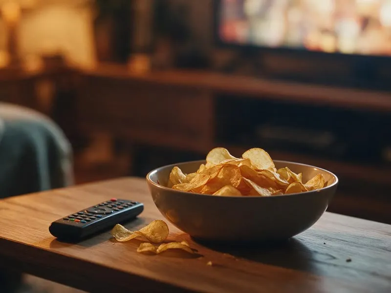 A bowl of crisps and a TV remote on a coffee table in a dimly lit living room, a television glowing softly in the background.