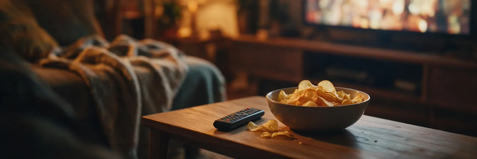 A bowl of crisps and a TV remote on a coffee table in a dimly lit living room, a television glowing softly in the background.