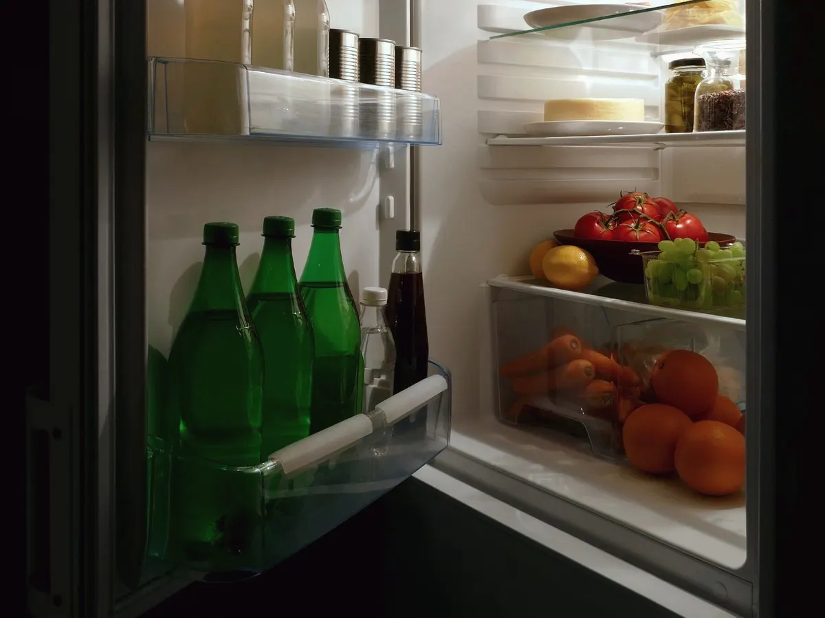 An open fridge at night, shelves holding tomatoes, grapes, carrots and oranges.