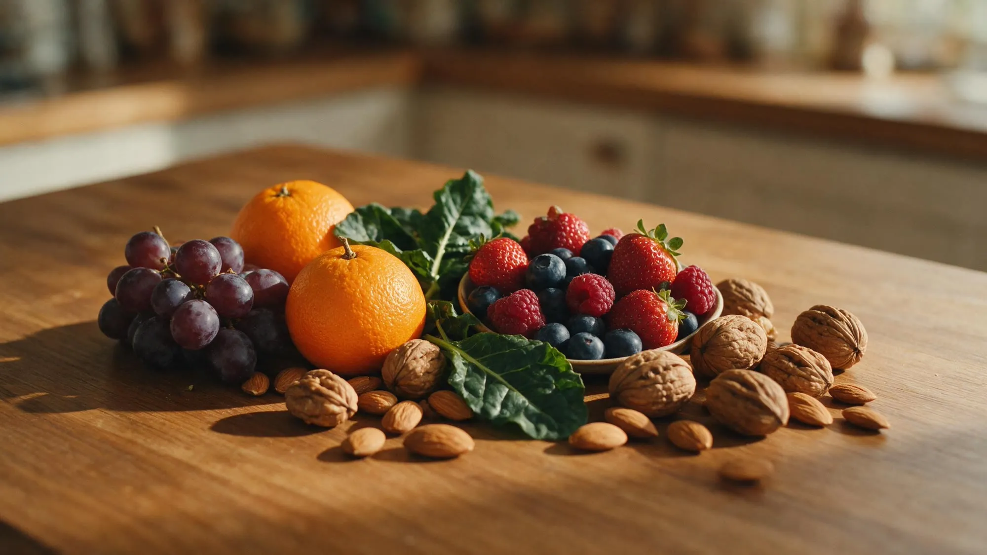 A spread of whole foods on a wooden kitchen table: grapes, oranges, mixed berries, leafy greens, walnuts and almonds.