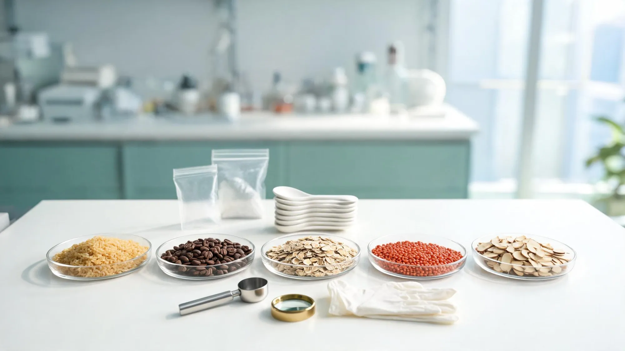 A row of glass sample dishes holding rice, coffee beans, oats, red lentils and sliced almonds on a white lab bench, with a steel scoop, a magnifying loupe and white gloves in front and a bright food lab blurred behind.
