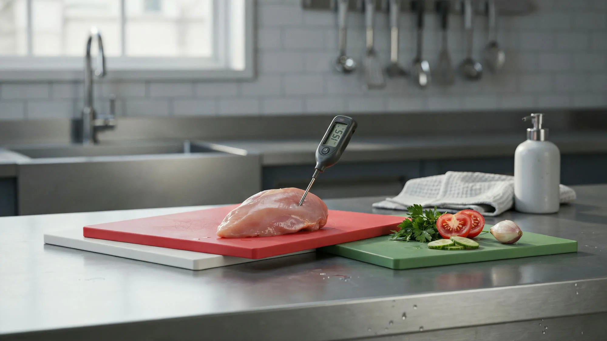Color-coded cutting boards on a kitchen counter — raw chicken with a food thermometer inserted on the red board, vegetables kept separate on the green board, a sink and soap dispenser blurred in the background.