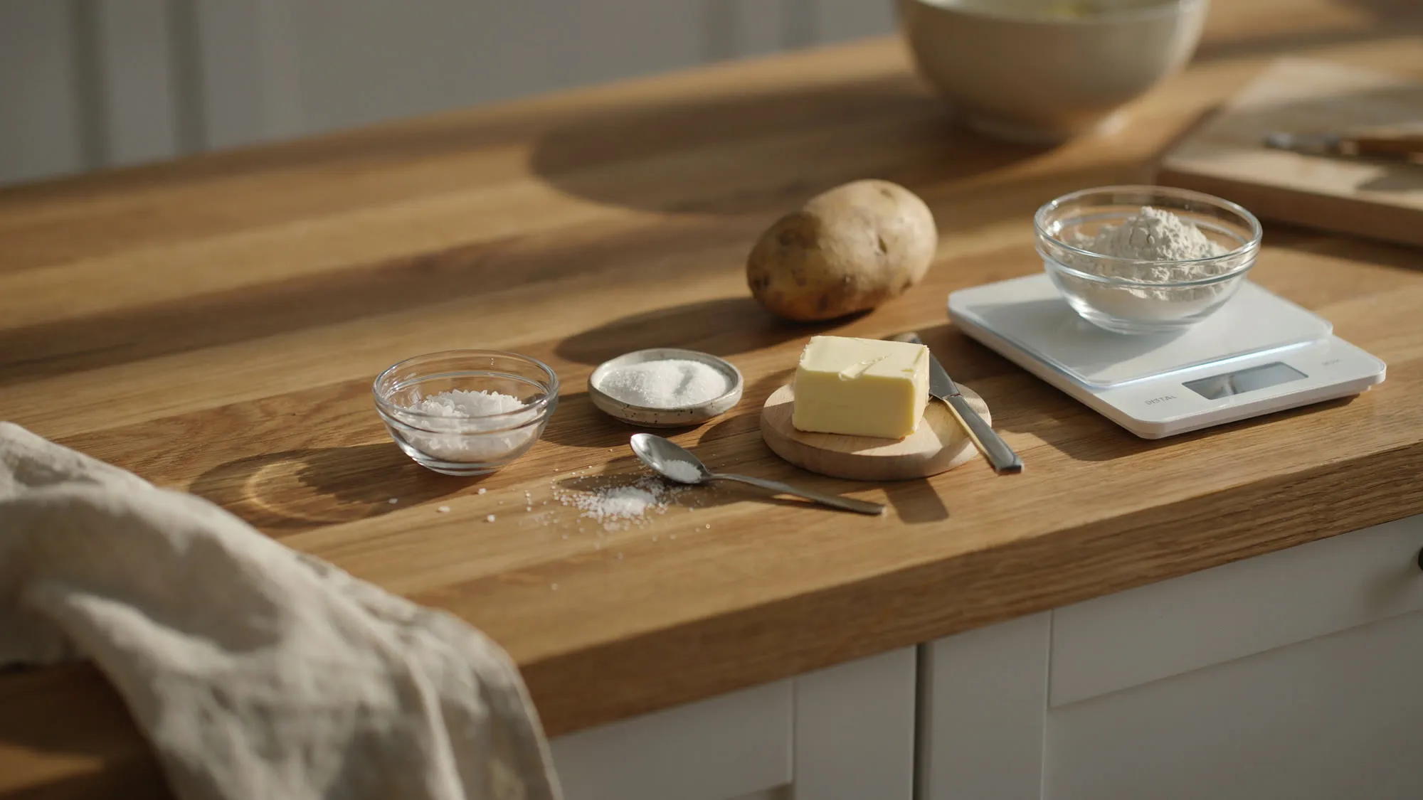 Raw ingredients on a wooden kitchen counter — salt, butter, a potato and a bowl of flour on a digital kitchen scale.