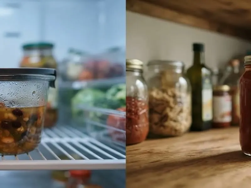Split image: homemade leftovers in a container on a fridge shelf beside a jar of shelf-stable sauce on a pantry shelf.
