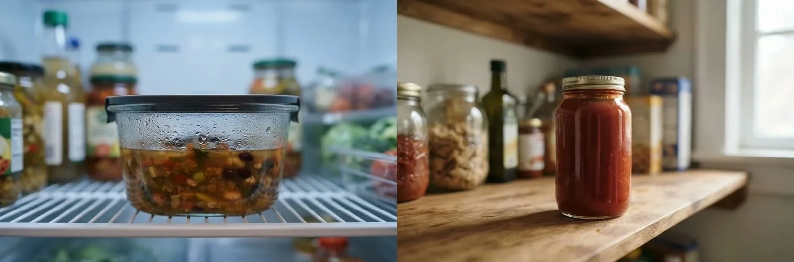 Split image: homemade leftovers in a container on a fridge shelf beside a jar of shelf-stable sauce on a pantry shelf.