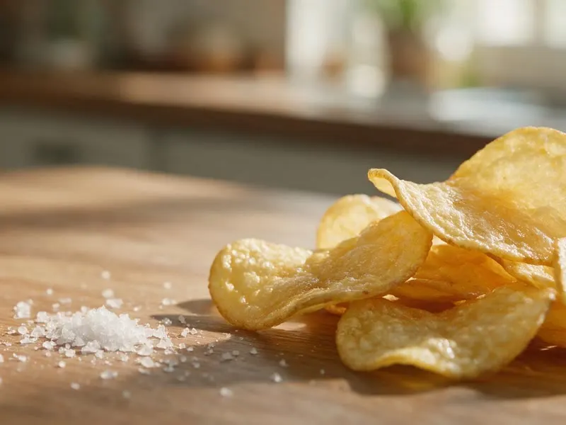 A whole potato, a small pile of salt and a heap of potato chips arranged on a wooden kitchen counter.
