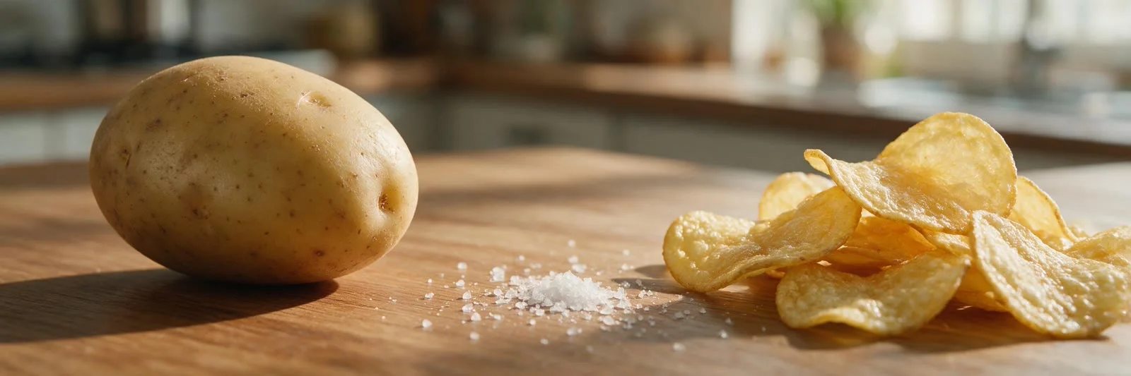 A whole potato, a small pile of salt and a heap of potato chips arranged on a wooden kitchen counter.