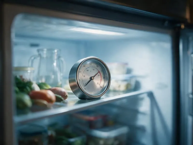 A refrigerator thermometer on a shelf inside an open fridge at night, the cool interior light spilling into a dark kitchen.