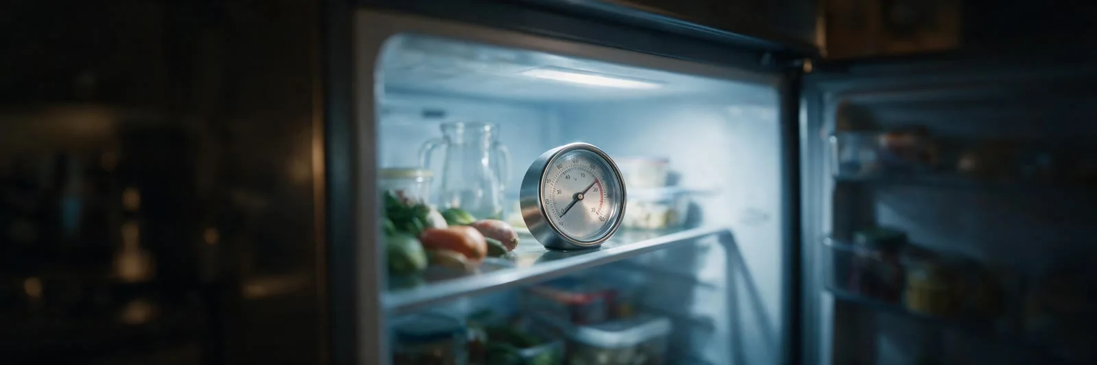 A refrigerator thermometer on a shelf inside an open fridge at night, the cool interior light spilling into a dark kitchen.